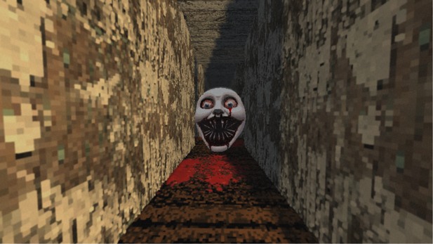 A pale mask at the end of a peeling farmhouse hall.